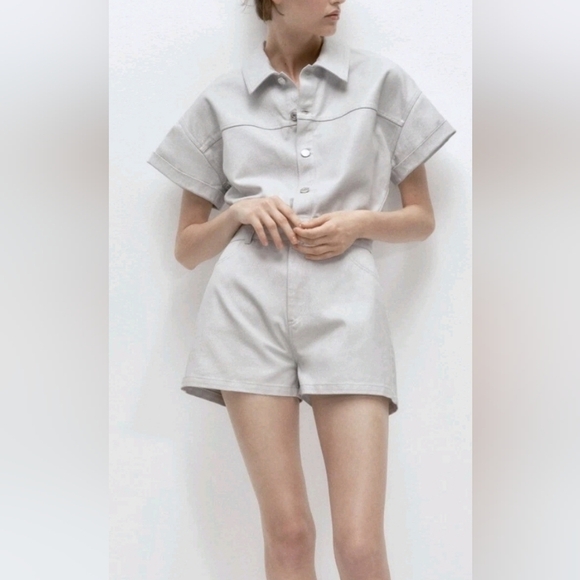 Zara Denim Cotton Shimmer Short Romper Jumpsuit  Summer Outfit Size S - Picture 1 of 6